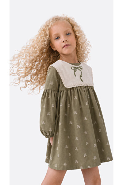 ES Baby Girl Flam Linen Lace Collar Bow Printed Long Sleeve Zipper Dress