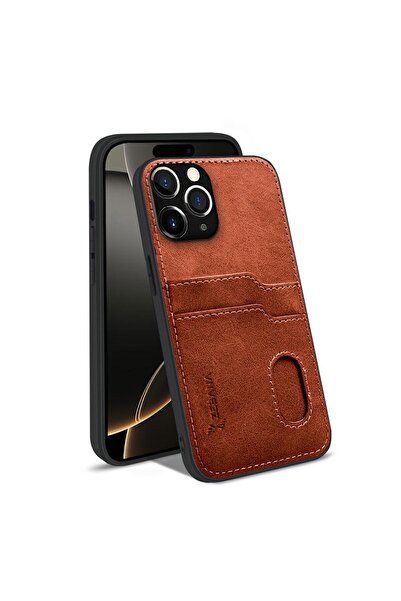 Zebana Apple iPhone 12 Pro Uyumlu Kılıf Kartlıklı Lüx Deri Kılıf Kahverengi