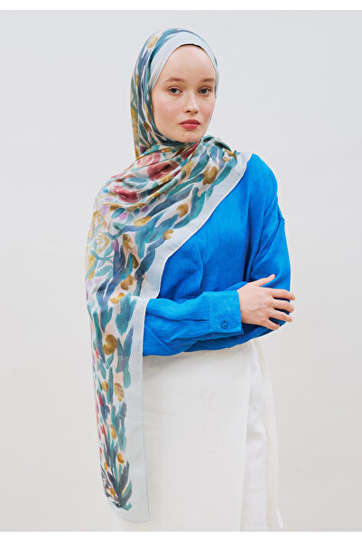 Freshscarfs Floral Whimsy Pattern Hemp Viscose Shawl Soft Blue