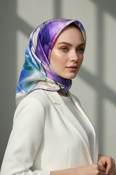 Vissona %100 Twill İpek Sulu Boya Çiçek Desenli Mor Renkli 90x90 Eşarp Dikim ...