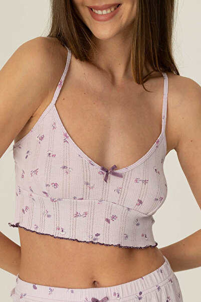girlstop Kadın Pamuklu Pointelle Fiyonk Detaylı Crop Pijama Üstü