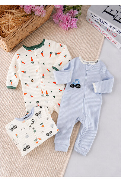 Mou&Kou 100% Cotton 3-Piece Baby Romper Set with Zipper, Without Booties, Rib...