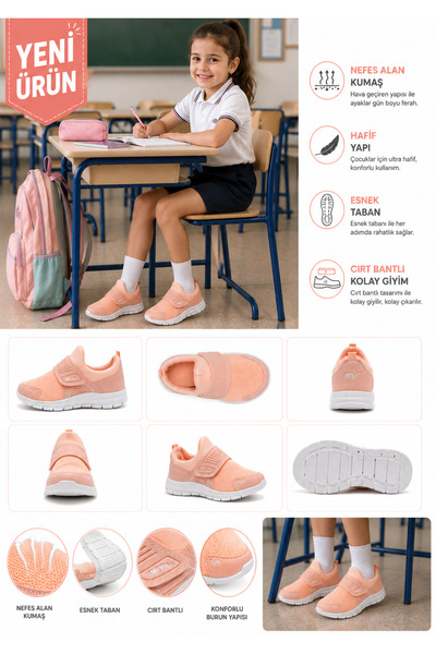 MOON CLOUD Tedy Unisex Çocuk Bağcıksız Cırtlı Rahat Esnek Günlük Sneaker Spor Ayakkabı ZYN125