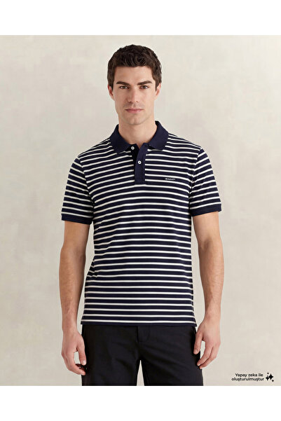 Gant Erkek Lacivert Regular Fit Çizgili Polo Yaka T-Shirt