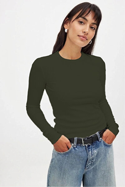 CHEISU Women's Khaki Long Sleeve Crew Neck T-Shirt Blouse Camisole Ribbed
