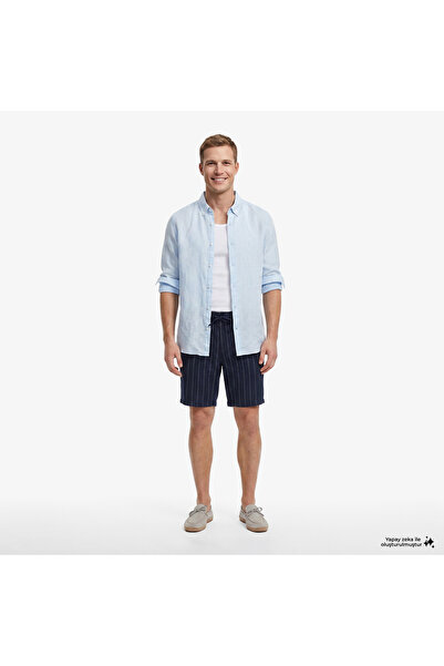 Nautica Erkek Lacivert Regular Fit Çizgili Keten Şort