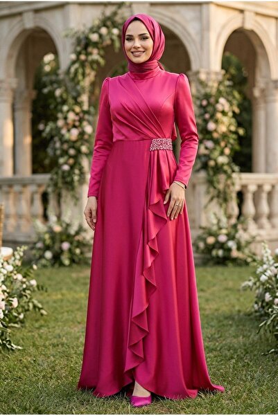 Neva Style Volanlı Bordo Tesettür Abiye Elbise 22431BR