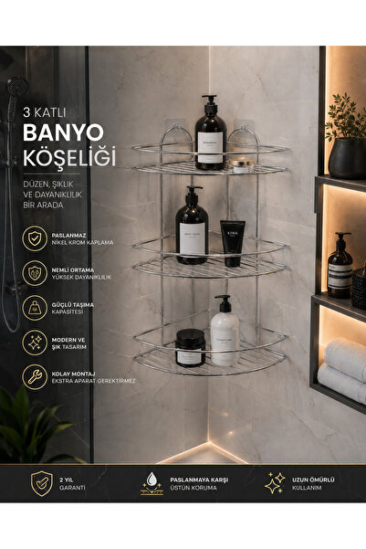 3 Katlı Banyo Köşelik & Sabunluk Ömür Boyu Paslanmaz