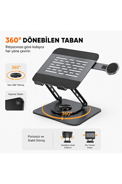 Mcstorey Laptop Stand Karbon Çelik 360° Döner Ergonomik Yükseklik Ayarlı Soğutucu MagSafe Uyumlu Telefon Tutuculu Gizlenebilir Notebook Tablet Uyumlu 10-17.3 inç Gri
