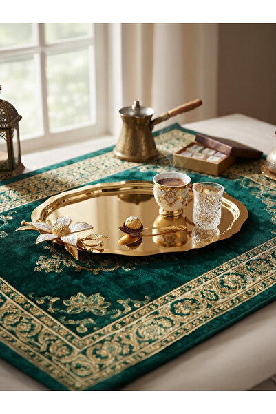 Elzemm store 20*25 CM GOLD OVAL 1 ADET BÜYÜK ÇİÇEKLİ SUNUM TEPSİSİ