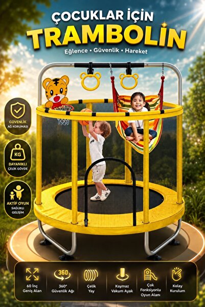 DEMPOWER 152x170 cm Güvenlik Fileli Çocuk Trambolin Seti-Hamak, Basket Seti, ...