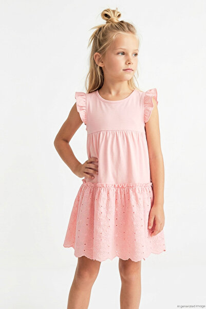 Breeze Girl's Dress with Floral Embroidery and Lace Detail, Ages 3-8, Pink