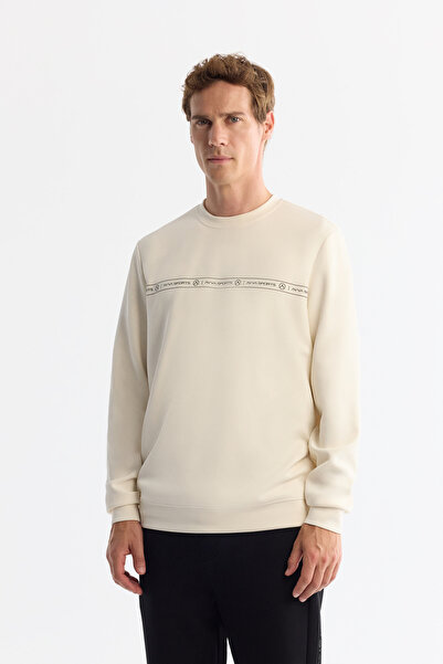 Avva Men's Ecru Crew Neck Printed Soft Touch Regular Fit Sweatshirt A42Y1307