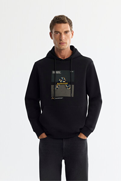 Avva Men's Black Hooded Cotton Printed Elastane Regular Fit Sweatshirt A42Y1321