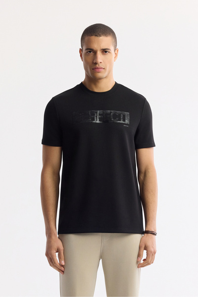 Avva Men's Black Crew Neck Printed Bi-Stretch Interlock Regular Fit T-Shirt A...