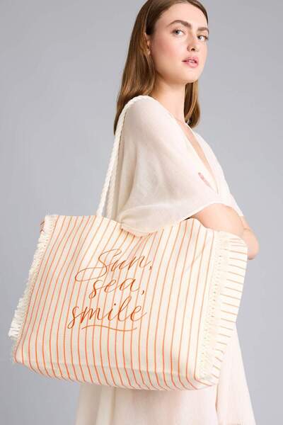 DeFacto Women's Embroidered Canvas Ecru Beach Bag G8715Axns