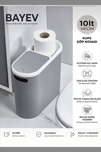 Bayev Kups Gray 10 L Click Trash Can, Kitchen, Bathroom, Toilet Trash Bin wit...