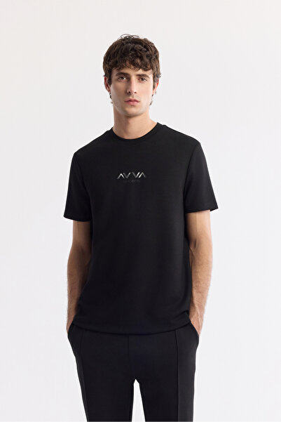 Avva Men's Black Crew Neck Printed Bi-Stretch Interlock Regular Fit T-Shirt A...