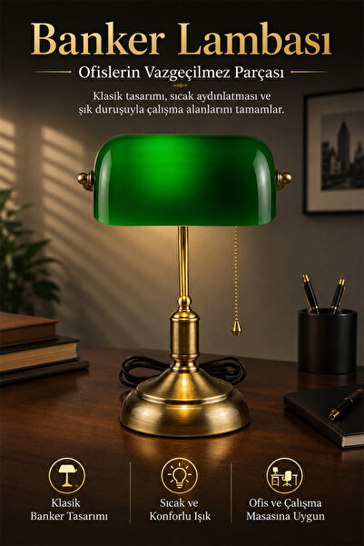 Neo Vista Banker Table Lamp Green Glass Antique Body E27 Lampholder Retro Dec...