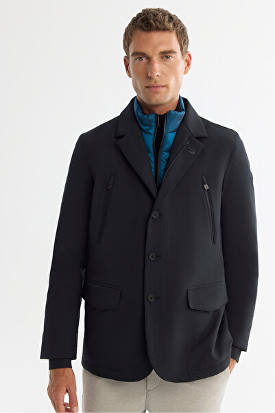 Avva Men's Black Mono Collar Buttoned Inside Vest-Look Comfort Fit Coat A42Y6186