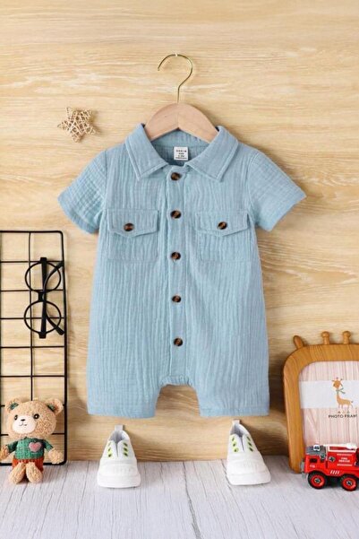 Bubito Unisex Bebek&Çocuk %100 Pamuklu Tahta Düğmeli Cepli Müslin Tulum-Turkuaz