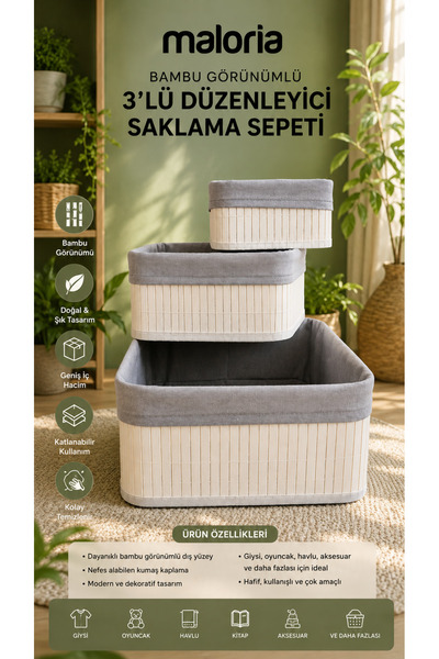 Maloria 3'lü Beyaz Bambu Sepet / Çok Amaçlı Bambu Sepet Seti KARE
