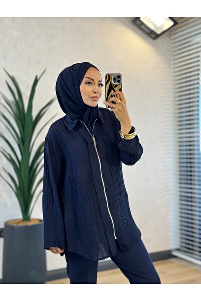 ALANURMODA 10775 Wrinkled Fabric Zippered Shirt Navy Blue