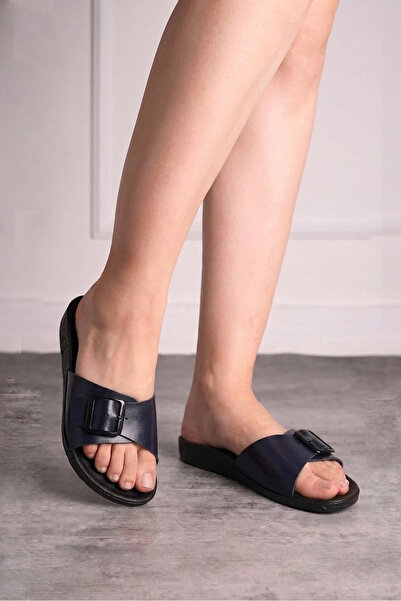 İmerShoes Daily Navy Blue Women's Slippers Buckle Heeled Comfortable Soft Sol...