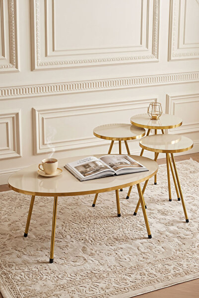 GOLDFALEZ Zigon Sehpa Ve Orta Sehpa Elips Gold Metal Ayak Gold Krem Set