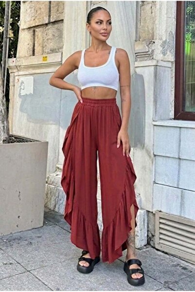 NEW LAVİVA Burgundy Bohemian Style, High Waist, Deep Side Slit, Ruffled Asymm...