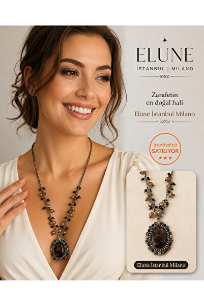 ELUNE İSTANBUL & MİLANO Vintage Leopar Desenli Büyük Taşlı Kolye ve Küpe Seti...