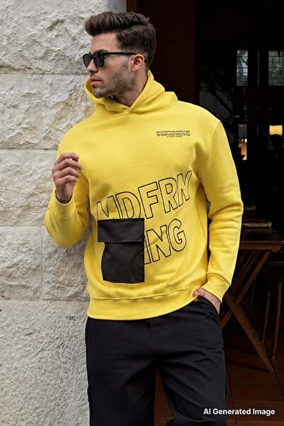 Madmext Yellow Printed Hooded Sweatshirt 6148