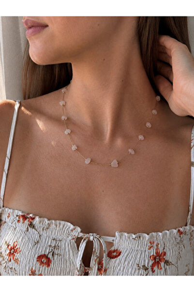 Vinlora Design Pink Quartz Natural Stone Necklace with Chain – Minimal Gold C...