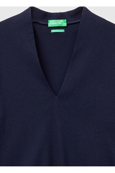 United Colors of Benetton Women's Navy Blue 100% Cotton Half Sleeve Deep V-Neck T-Shirt
