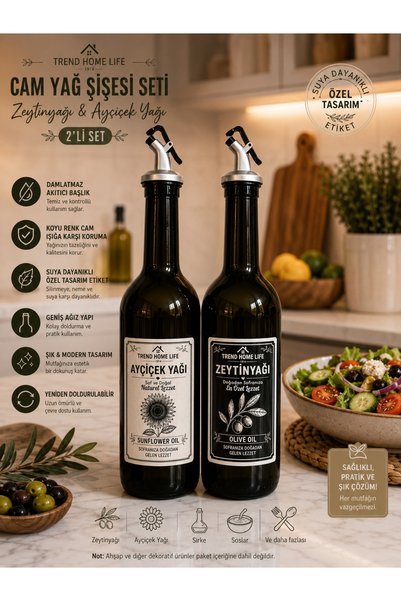 Trend Home Life Stantsız Amber 2 li Cam 750 ml Yağdanlık Seti Zeytinyağı Ayçiçekyağı Şişesi Yağlık Yağdanlık