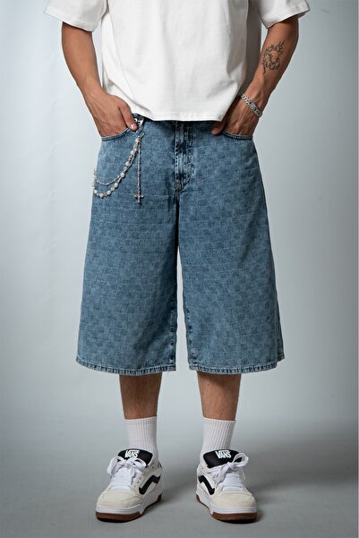 GRJ denim شورت جينز رجالي أزرق فاتح بنقشة مربعات وقصة فضفاضة