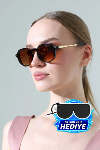 MİLANO KORS Women's Black Frame Brown Glass Gold Edged Sunglasses