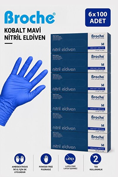 Broche NİTRİL ELDİVEN PUDRASIZ MİDEUM KOBALT MAVİ 6LI AVANTAJLI PAKET