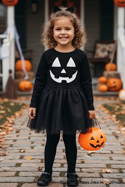 Le Mabelle Black Pumpkin Printed Tulle Skirted Girl's Dress - Sandra
