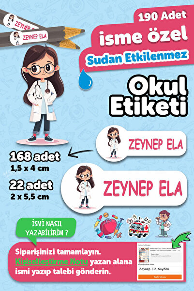 MSticker Okul Etiketi Kalem Defter isimli Etiket Isim Yazılabilen Doktor Tema...