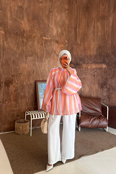 ensade Lined Pastel Striped High Collar Hijab Tunic Oversize Casual Summer Wo...