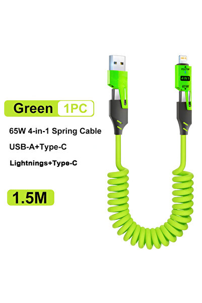 Choice3 Green 65W 4 in 1 Spring Short Data Cable 6A USB Type C Spring Telesco...