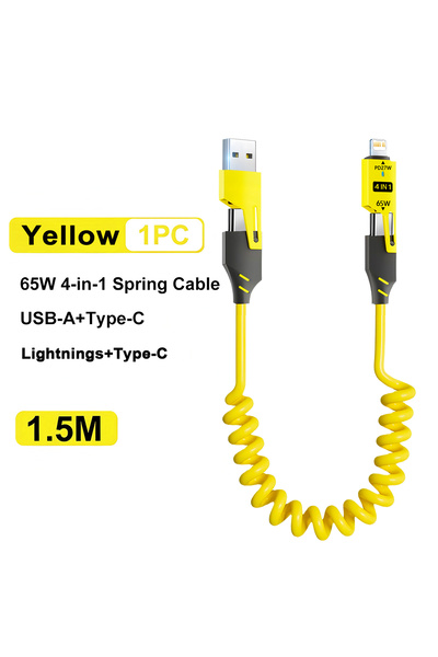 Choice كابل بيانات قصير زنبركي أصفر 65 واط 4 في 1، 6 أمبير، USB من النوع C، س...
