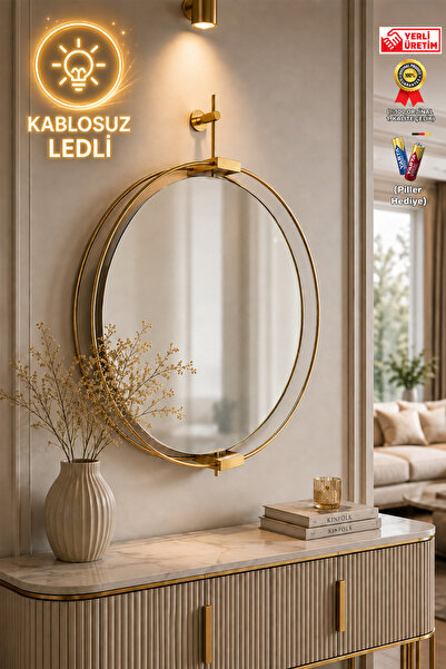 Wallover Design Büyük Boy Layra Gold Ayna - Kablosuz Pilli Ledli Ayna - Dresu...