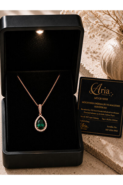 eva'sjewellery diamond Zümrüt Kolye 925 Ayar Gümüş Damla Kesim, 18 Ayar Gerçe...