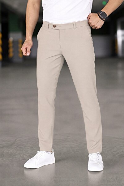 Gussi Men's Cream Color Quality Flexible Lycra Slim Fit Fabric Trousers