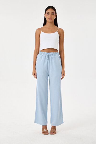 %100 TENCEL YÜKSEK BEL GENİŞ PAÇA PANTOLON (MAVİ)