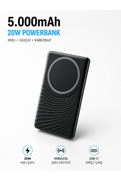 ÇELİKWORK FP14 5000mAh 20W USB-C LED Işıklı Slim Kablosuz Powerbank | Taşınab...