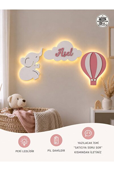 Windly Concept Kişiye Özel Bebek Odası İsimlik LED Işıklı Fil Balon Bulut Kap...