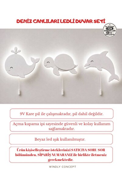 Windly Concept Deniz Hayvanları LED Duvar Lambası 3’lü Set (Balina Kaplumbağa...